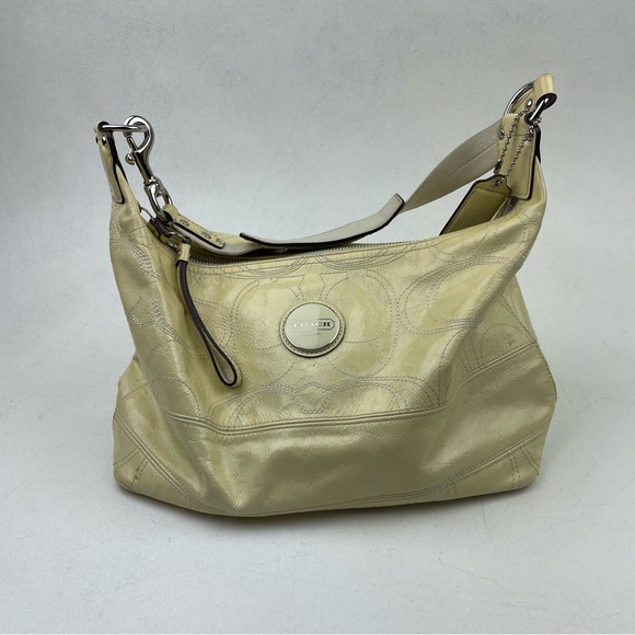 Coach Handbags - Coach Signature Light Cream Crinkled Patent Leather Zipper Hobo Shoulder